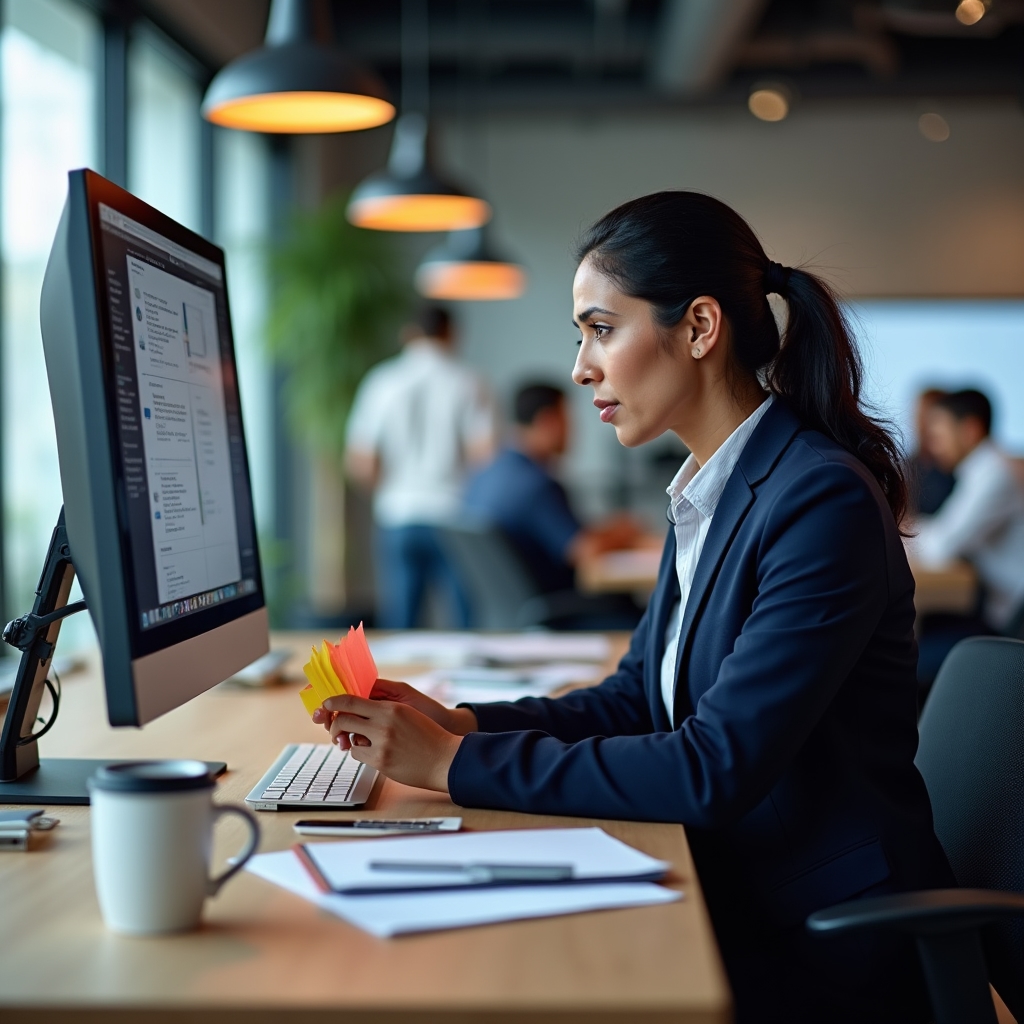 Professional at desk looking overwhelmed by stacked work requests and notifications