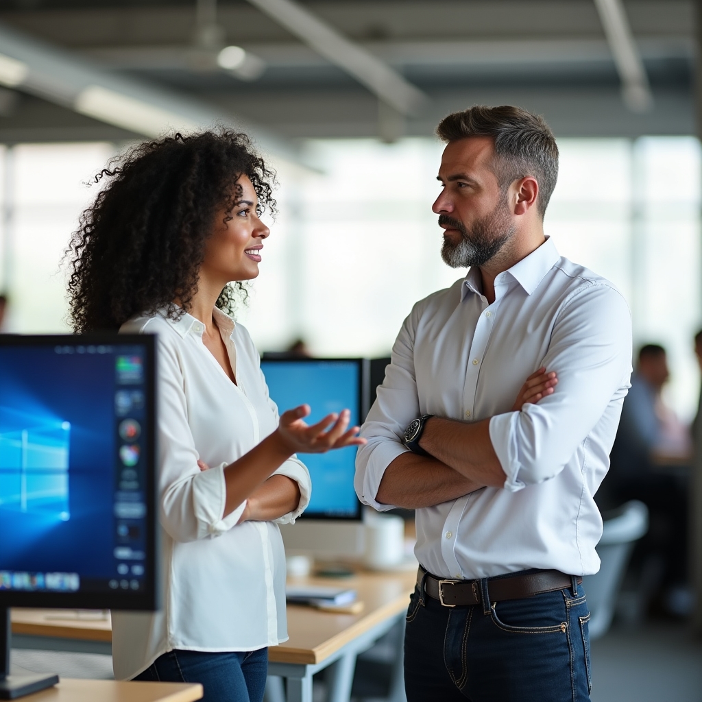Two colleagues in a side-by-side conversation at a standing desk, one looking thoughtful while the other explains something, natural office environment