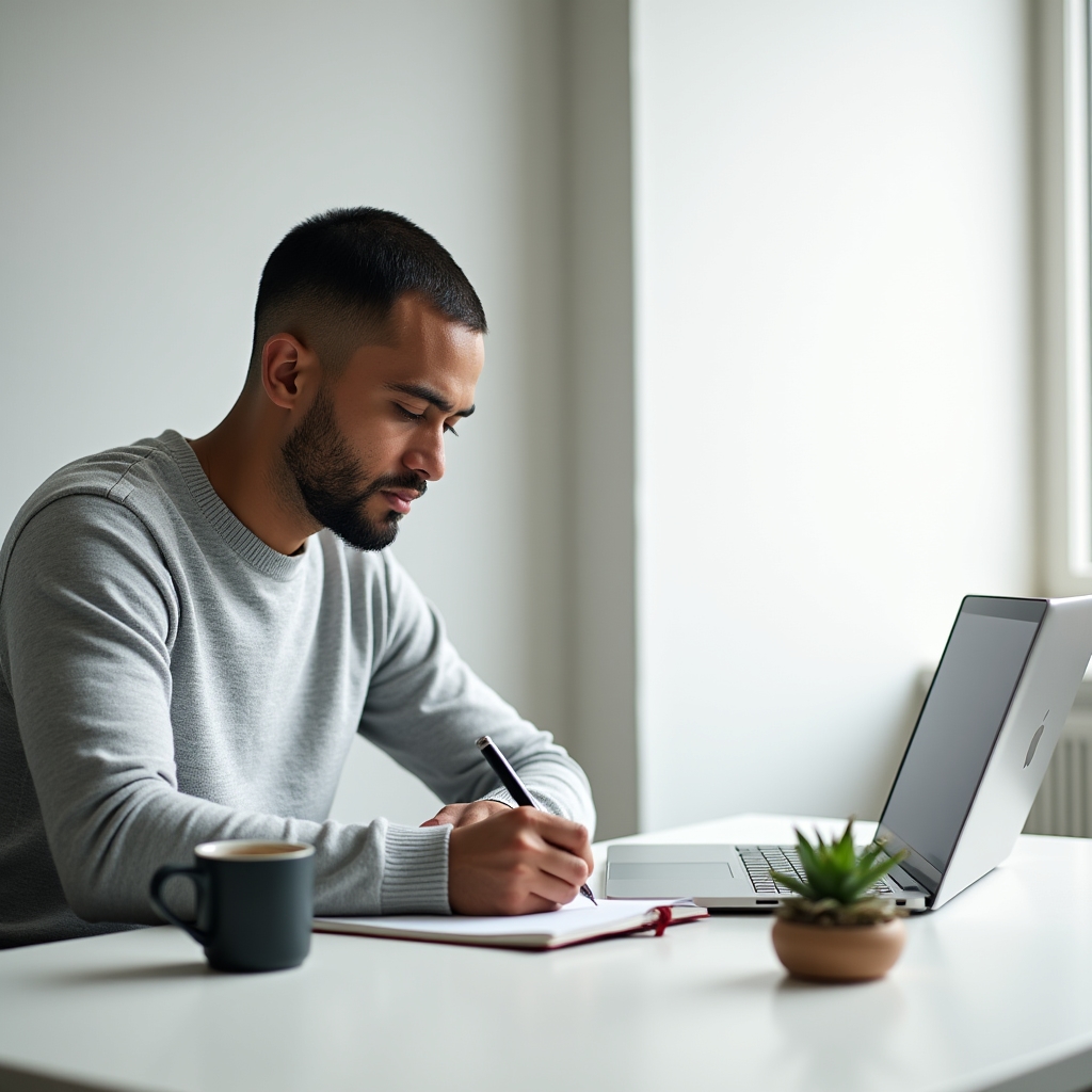 Professional working alone at a clean desk with focused concentration, natural light from a window, organized workspace, calm productive atmosphere