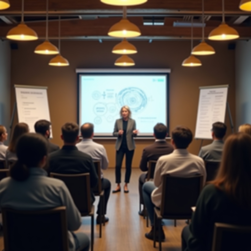 Wide view of a workshop room with professionals seated in a semicircle, facilitator at the front with a whiteboard, warm overhead lighting